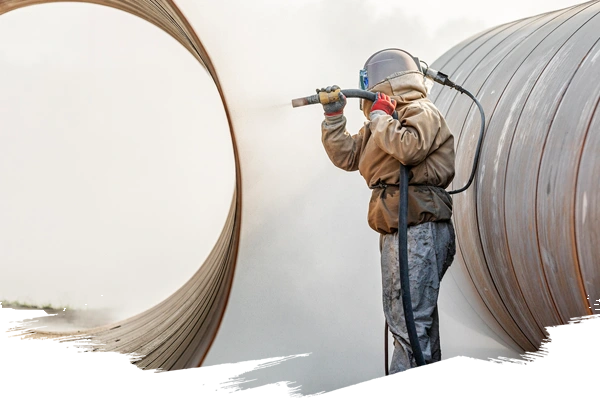person blasting a large commercial pipe