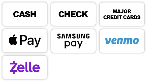 Pat with cash, check, Major credit cards, Zelle, Venmo, Apple Pay, Samsung Pay